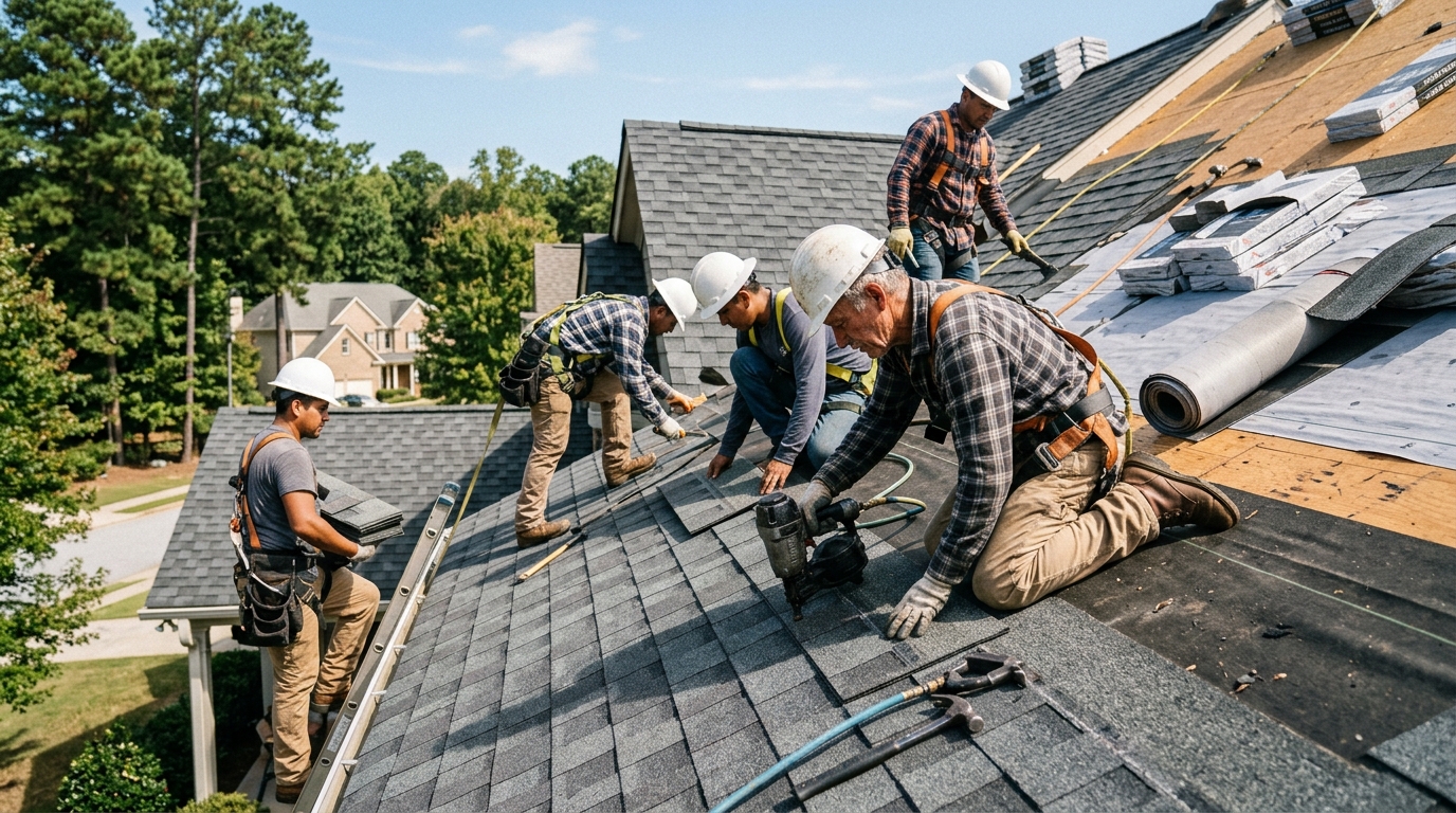 Aerial photo of a roofing crew on a Cobb County suburban rooftop at golden hour, real editorial roofing photography