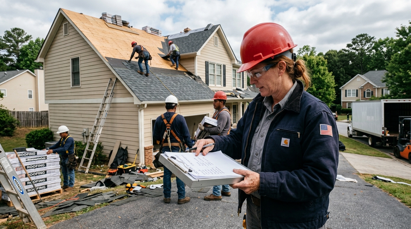 Editorial photograph of a roofing foreman with a clipboard reviewing materials at a Georgia job site