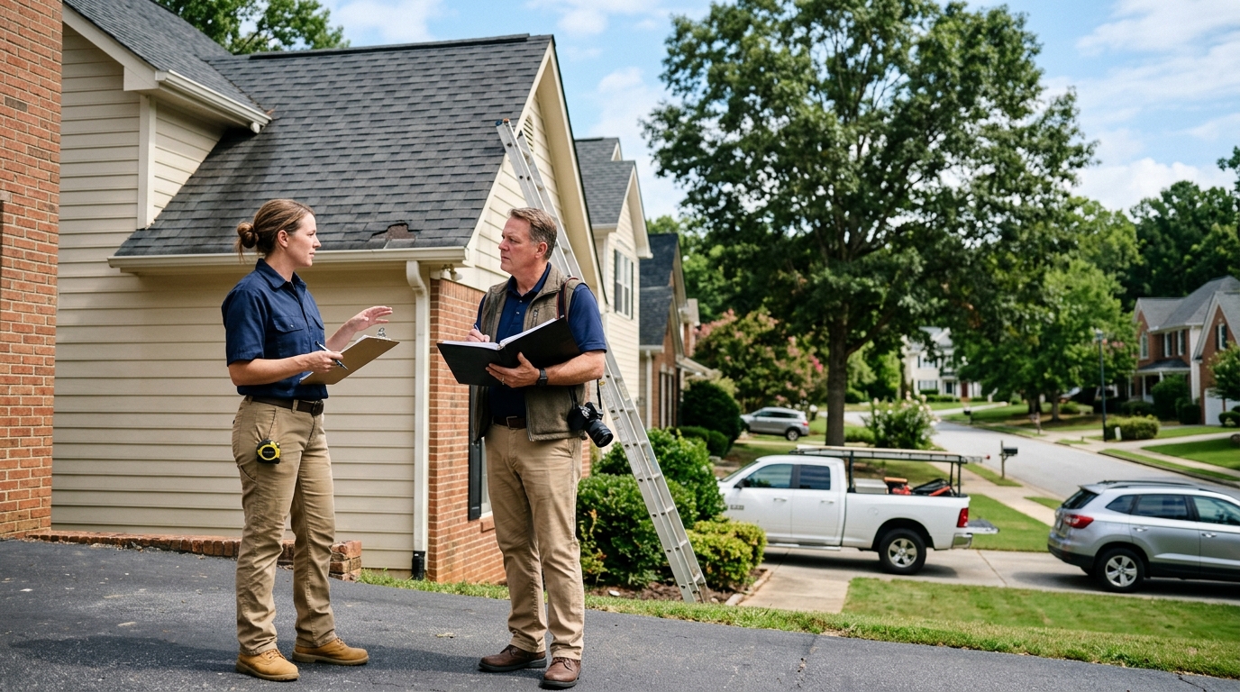 Roofing insurance adjuster photograph on a residential Cobb County rooftop scene